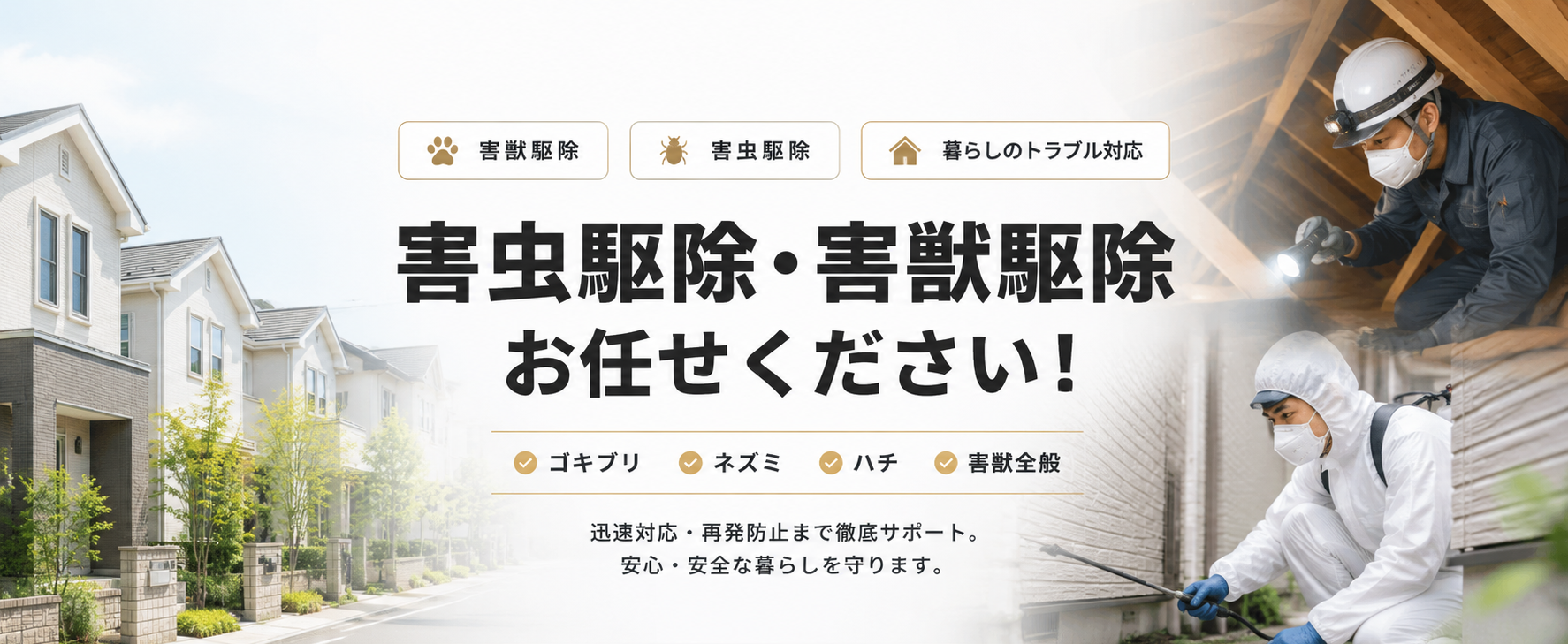 害獣駆除・害虫駆除・暮らしのトラブル対応 害虫駆除・害獣駆除 お任せください！ ゴキブリ・ネズミ・ハチ・害獣全般 迅速対応・再発防止まで徹底サポート。安心・安全な暮らしを守ります。